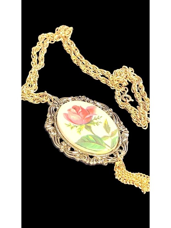 Jewelry - Vintage Victorian Revival Rose Pendant Necklace With Gold-Tone Chain & Tassel Ha